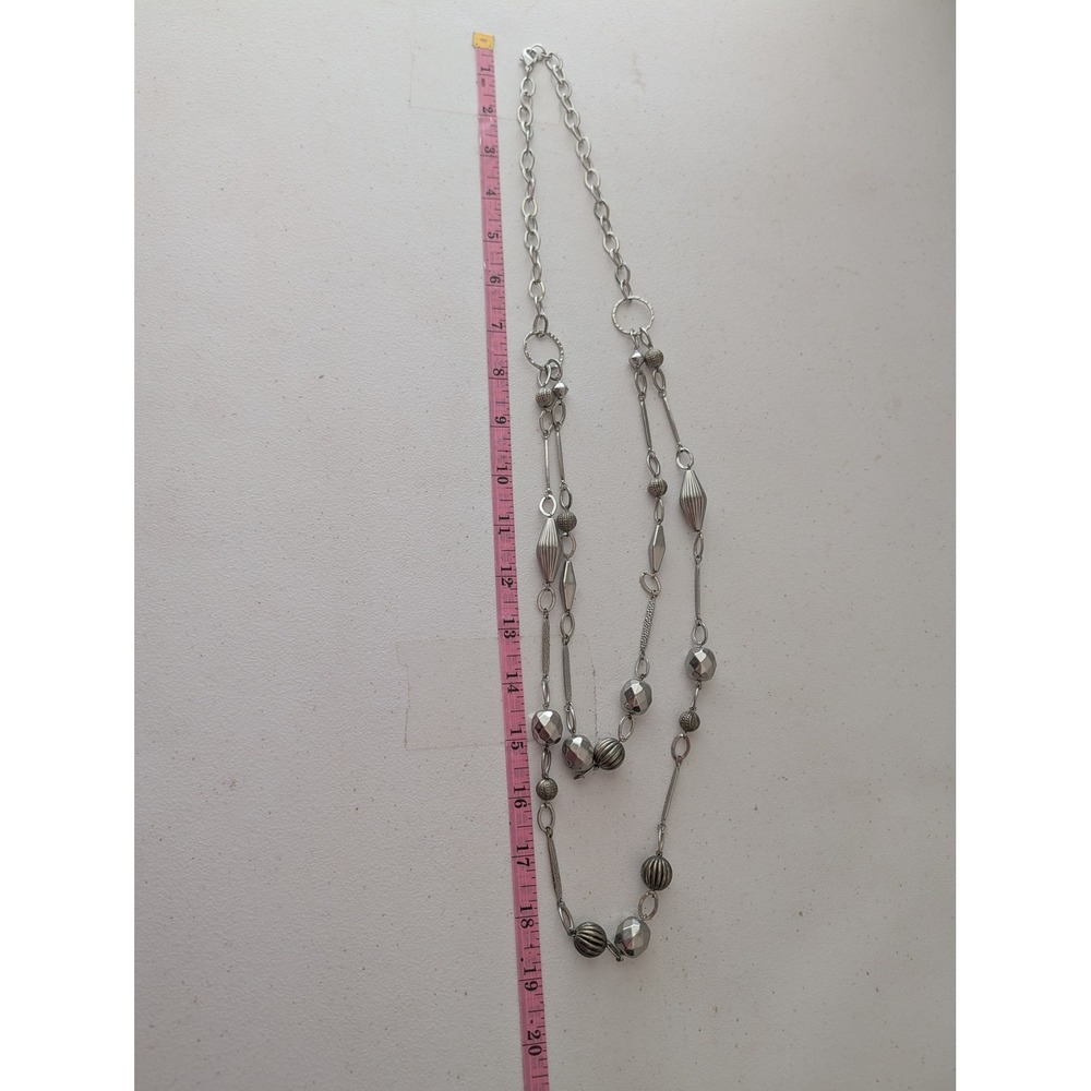 Unsigned Silver Tone Multi-Strand Long Geometric Beaded Layered Necklace 38 In‎